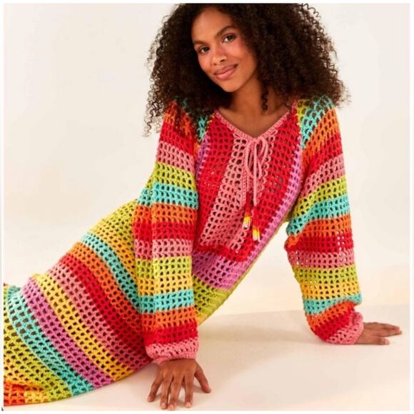 NWOT FARM RIO Striped Multicolor Crochet Dress beaded tassels Cover Up Large - Picture 2 of 16